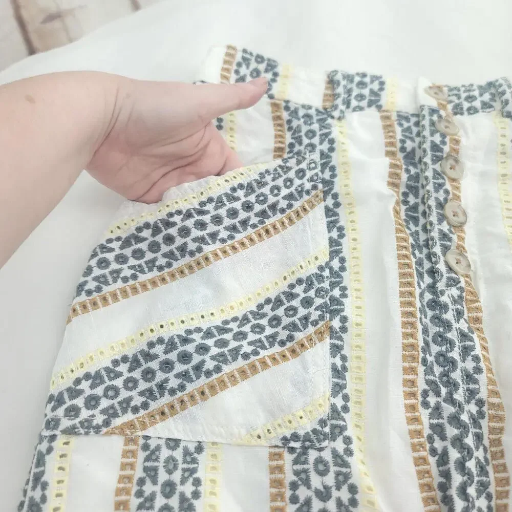 Anthropologie Cream Blue Striped Pockets Buttons Size 4 Pencil Skirt